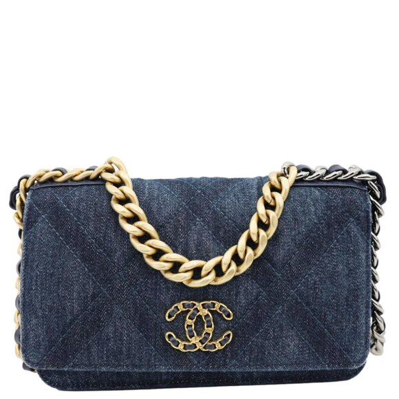 Chanel  19 Flap Denim Wallet On Chain Shoulder Bag Blue - Picture 4 of 13